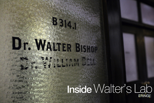 Inside Walter's Lab — the FOX gallery's title card: the lab door, B314.1, Dr. Walter Bishop over Dr. William Bell